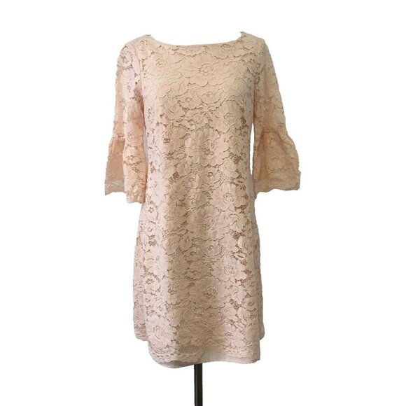 Vince Camuto Dresses & Skirts - Vince Camuto Womens Sz 6 Lace Floral Flared Bell Sleeves Pink Peachy Shift Dress